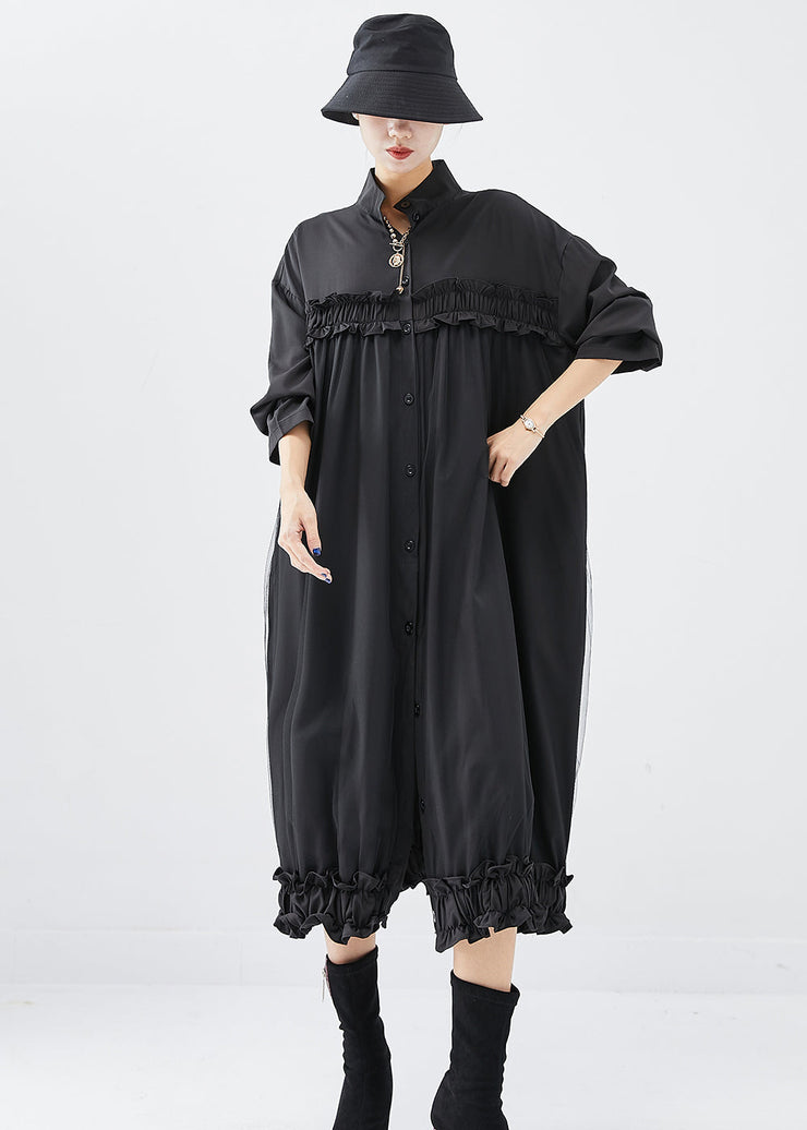 DIY Black Stand Collar Ruffled Cotton Vacation Dresses Fall