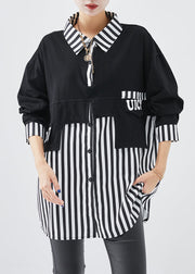 DIY Black Striped Patchwork Cotton Sweatshirt Streetwear Fall