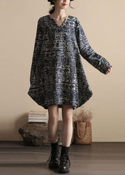 DIY Black V Neck Print Patchwork Linen Dress Spring