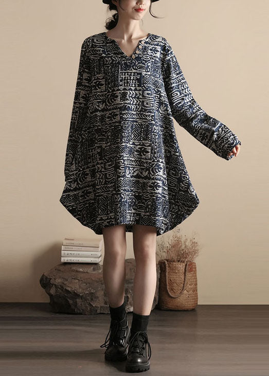 DIY Black V Neck Print Patchwork Linen Dress Spring