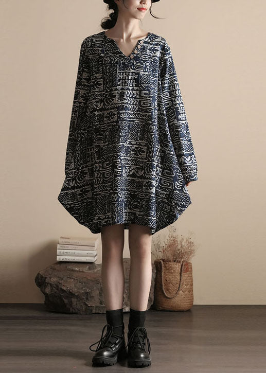 DIY Black V Neck Print Patchwork Linen Dress Spring