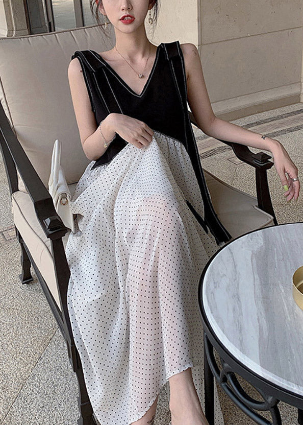 DIY Black White V Neck Patchwork Dot Maxi Dresses Summer