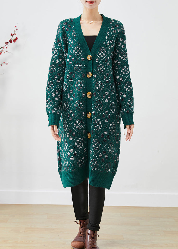 DIY Blackish Green Print Button Warm Knit Loose Coat Fall