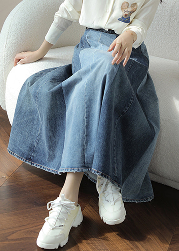 DIY Blue High Waist Sashes Denim A Line Skirts Fall