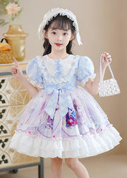 DIY Blue O-Neck Print Patchwork Bow Tulle Girls Mid Dress Puff Sleeve