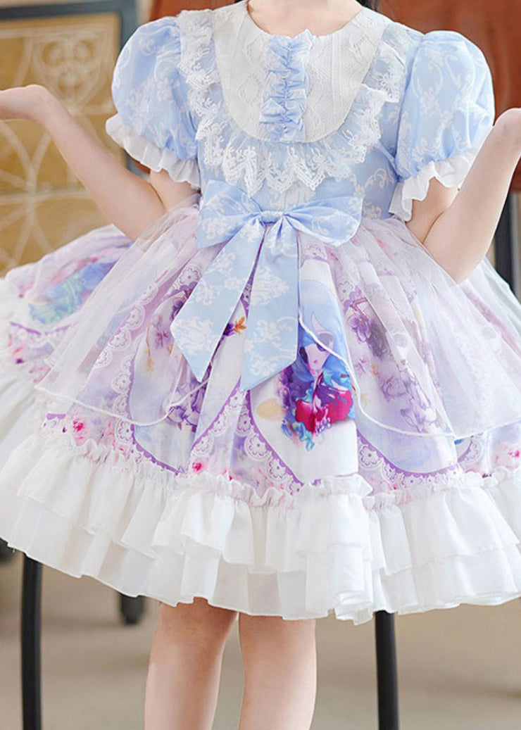 DIY Blue O-Neck Print Patchwork Bow Tulle Girls Mid Dress Puff Sleeve