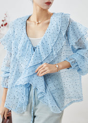 DIY Blue Ruffled Lace Up Chiffon Shirt Spring