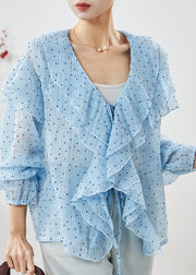 DIY Blue Ruffled Lace Up Chiffon Shirt Spring