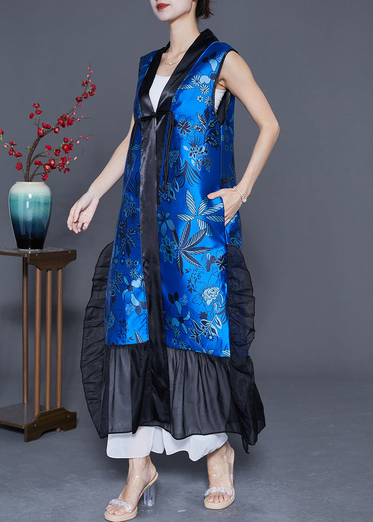 DIY Blue Ruffled Patchwork Chinese Button Silk Long Vest Summer