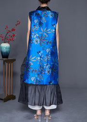 DIY Blue Ruffled Patchwork Chinese Button Silk Long Vest Summer