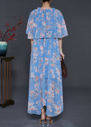 DIY Blue Ruffled Print Chiffon Vacation Dresses Cloak Sleeves