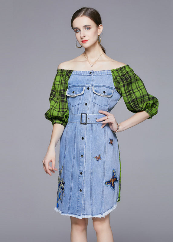 DIY Blue Slash Neck Embroideried Patchwork Cotton Denim Dress Lantern Sleeve