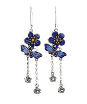 DIY Blue Sterling Silver Butterfly Floral Tassel Drop Earrings