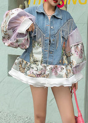 DIY Blue Tasseled Tulle Print Patchwork Denim Coat Lantern Sleeve