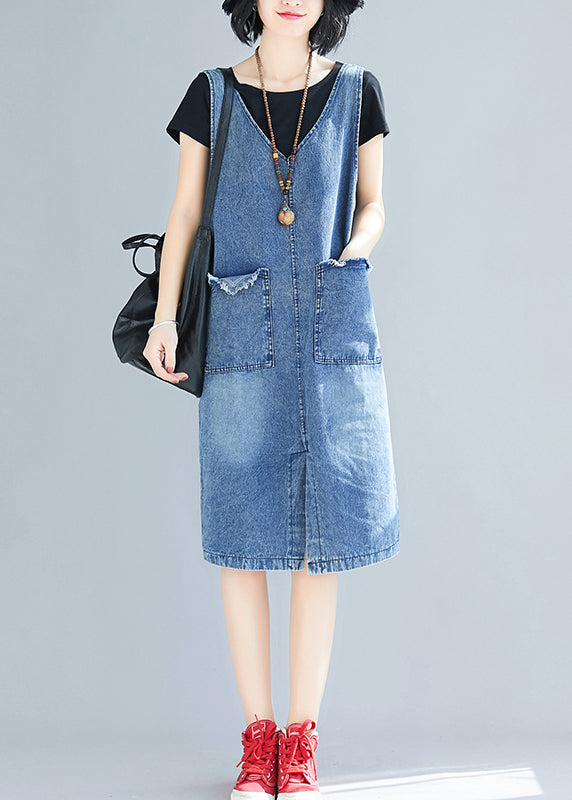 DIY Blue V Neck Pockets Side Open Denim Strap Dresses Summer