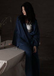 DIY Blue V Neck Tie Waist Cotton Pajamas Two Pieces Set Long Sleeve