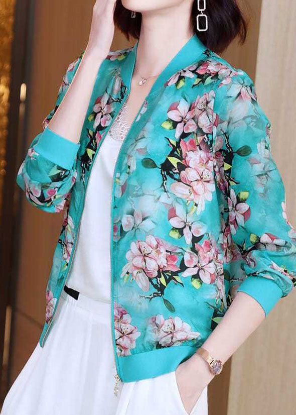 DIY Blue V Neck Zippered Print Patchwork Silk Jacket Summer