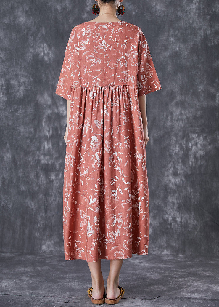 DIY Brick Red V Neck Print Linen Maxi Dress Summer