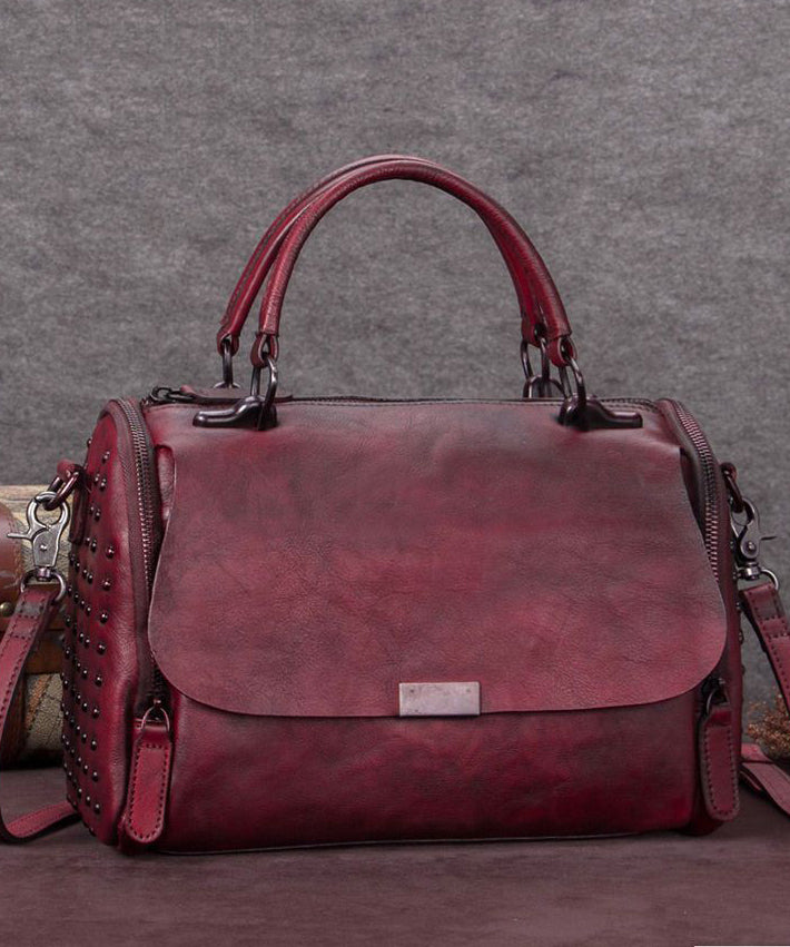 DIY Brown High-capacity Rivet Calf Leather Tote Handbag
