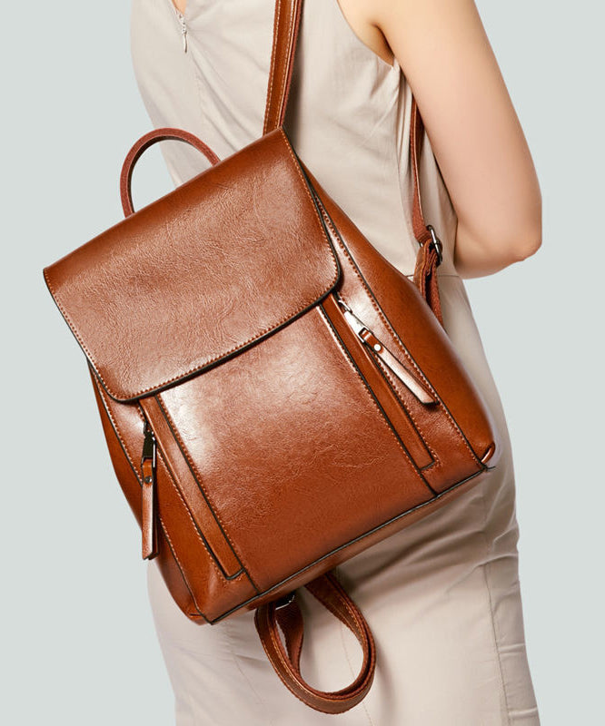 DIY Brown Large Capacity Calf Leather Backpack Bag