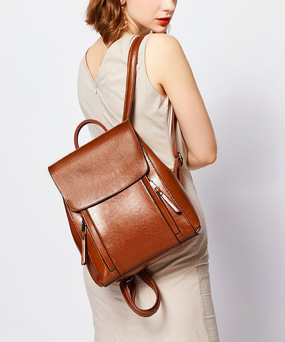 DIY Brown Large Capacity Calf Leather Backpack Bag