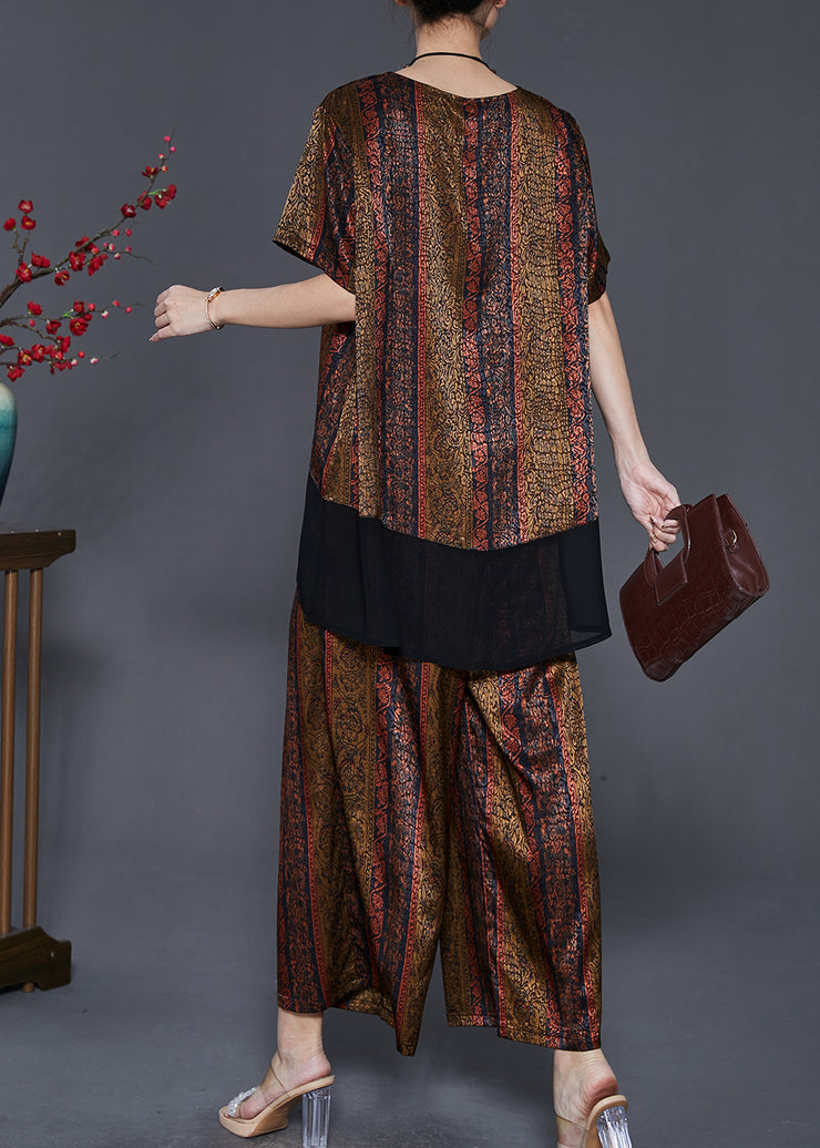 DIY Brown Oversized Patchwork Silk Women Sets 2 Pieces Summer