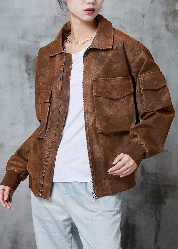 DIY Brown Oversized Pockets Faux Leather Coats Spring