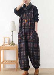 DIY Chocolate Colour Plaid Button Woolen Jumpsuit Pants Fall