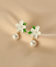 DIY Colorblock Alloy Pearl Gardenia Drop Earrings