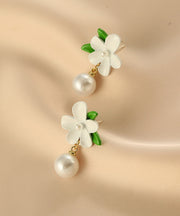 DIY Colorblock Alloy Pearl Gardenia Drop Earrings