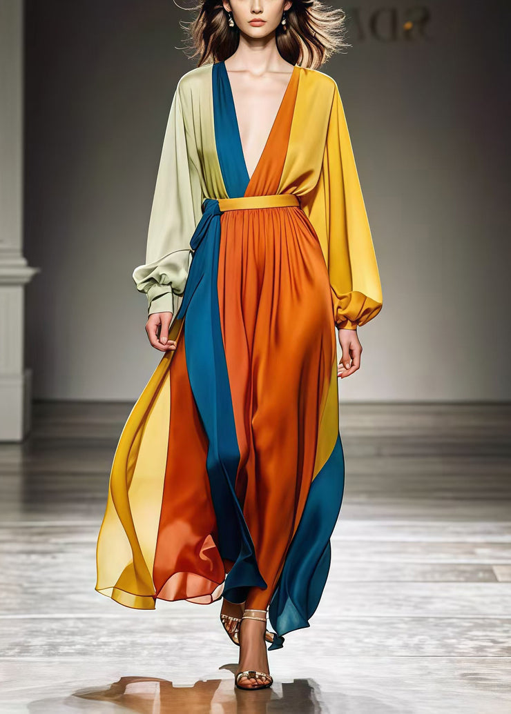 DIY Colorblock Cinched Patchwork Draping Chiffon Holiday Dresses Fall