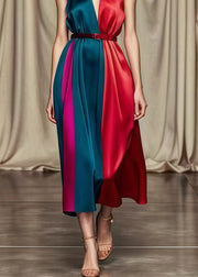 DIY Colorblock Cinched Patchwork Silk Long Dresses Summer