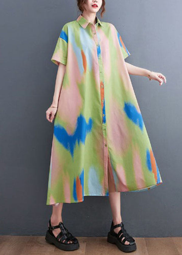 DIY Colorblock Peter Pan Collar Tie Dye Print Button Cotton Shirt Dress Short Sleeve