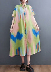 DIY Colorblock Peter Pan Collar Tie Dye Print Button Cotton Shirt Dress Short Sleeve