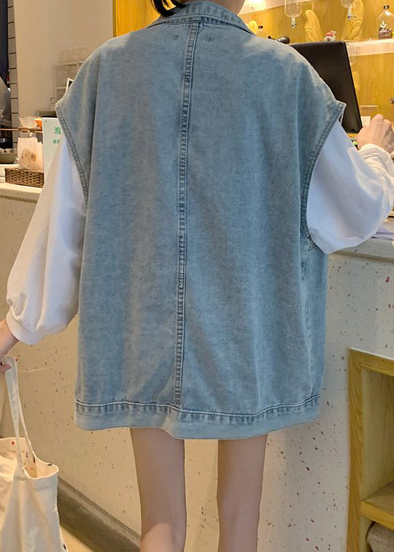 DIY Denim Blue Peter Pan Collar Pockets Patchwork Waistcoat Sleeveless