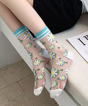 DIY Floral Jacquard Sheer Mesh Mid Calf Socks