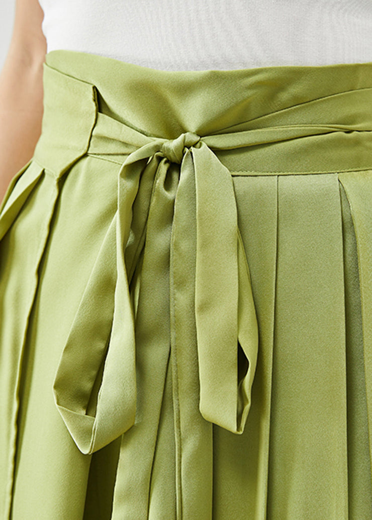 DIY Grass Green Tie Waist Silk A Line Skirts Fall