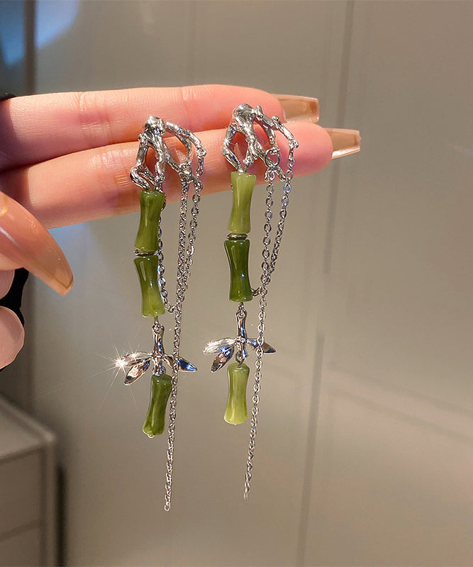 DIY Green Bamboo Alloy Acrylic Tassel Drop Earrings