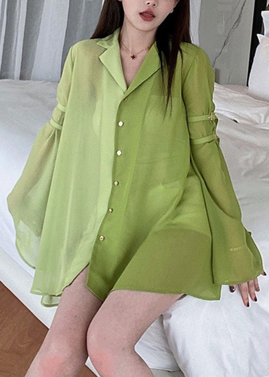 DIY Green Notched Patchwork Chiffon Shirt Spring