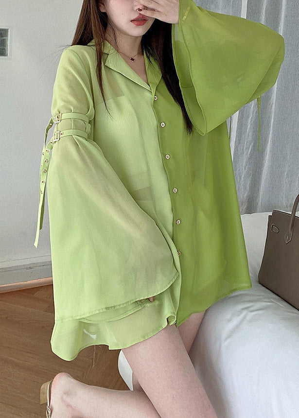 DIY Green Notched Patchwork Chiffon Shirt Spring