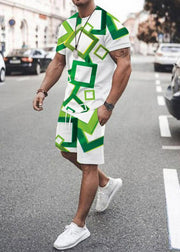 DIY Green O Neck Print Pockets Cotton Men Two Pieces Set Summer