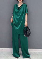 DIY Green O-Neck Solid Top And Wide Leg Pants Two Pieces Set Short Sleeve