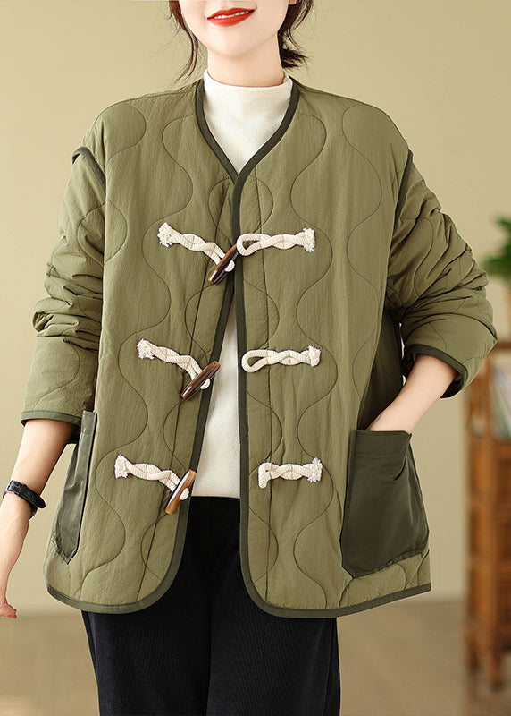 DIY Green Pockets Horn Button Fine Cotton Filled Jackets Winter