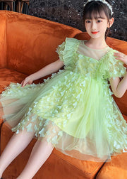 DIY Green Ruffled Butterfly Patchwork Tulle Kids Girls Mid Dress Summer