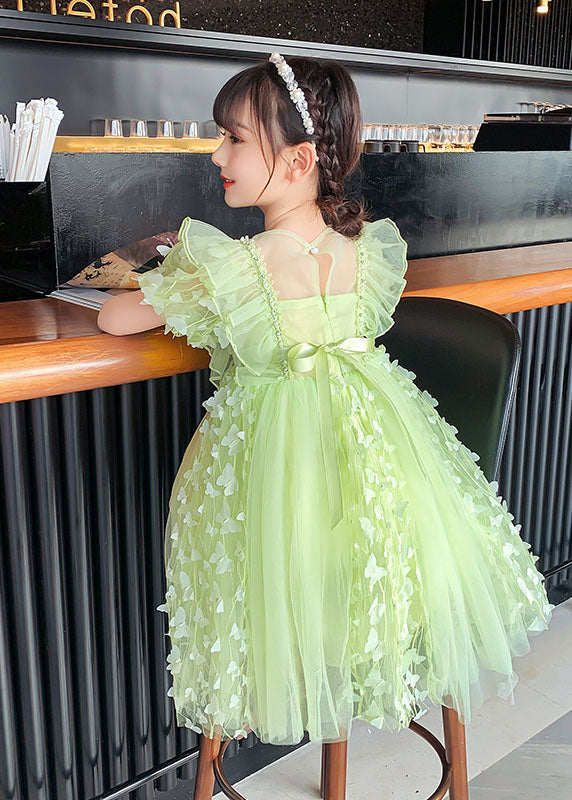 DIY Green Ruffled Butterfly Patchwork Tulle Kids Girls Mid Dress Summer