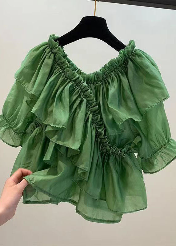 DIY Green Ruffled Patchwork Chiffon Blouses Summer