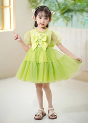 DIY Green Ruffled Patchwork Tulle Kids Girls Dress Summer