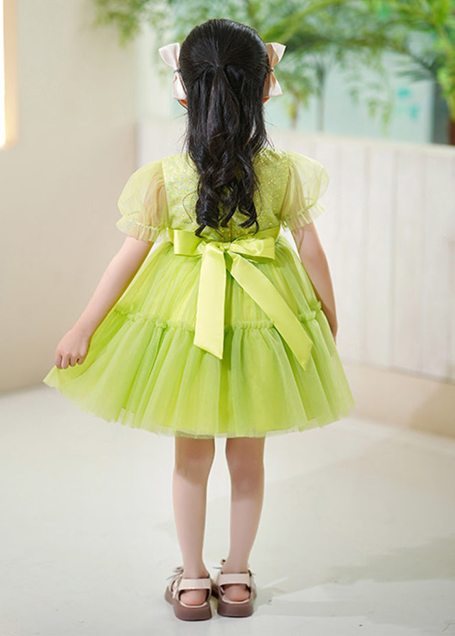 DIY Green Ruffled Patchwork Tulle Kids Girls Dress Summer