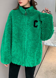 DIY Green Stand Collar Zippered Cozy Faux Fur Coat Long Sleeve