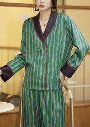 DIY Green Striped Peter Pan Collar Ice Silk Pajamas Two Piece Set Long Sleeve